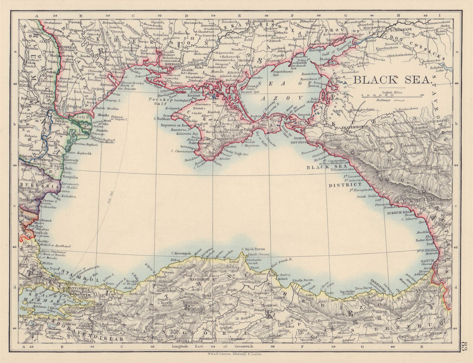 BLACK SEA. Russia Turkey Crimea Romania Bulgaria Kutais. JOHNSTON 1901 old map